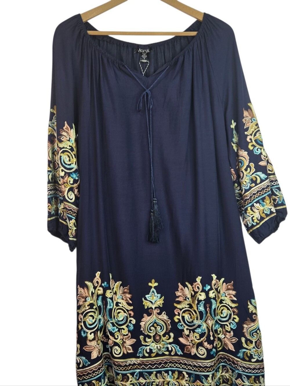 VASNA Size M Navy Boho Tunic Dress With Gorgeous Embroidered Sleeves & Hem NWT - Picture 4 of 13